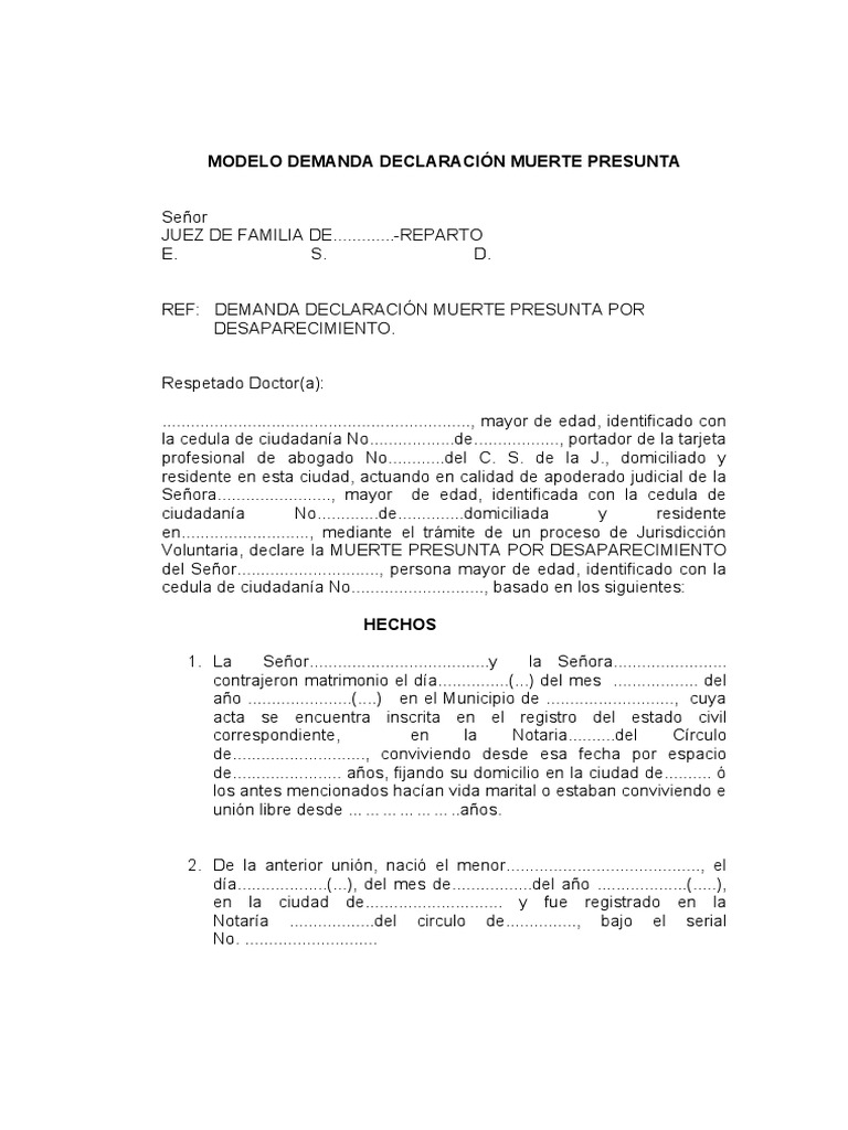 Demanda de Declaración de Muerte Presunta | PDF | Demanda judicial