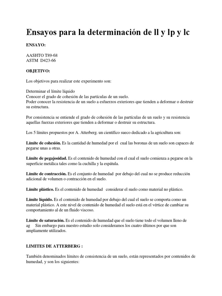 Ensayos Para La Determinacion De Ll Y Lp Y Lc Materiales Science