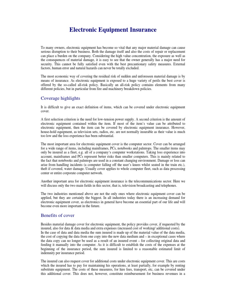 Electronic Equipment Insurance Overview | PDF | Insurance | Hazards