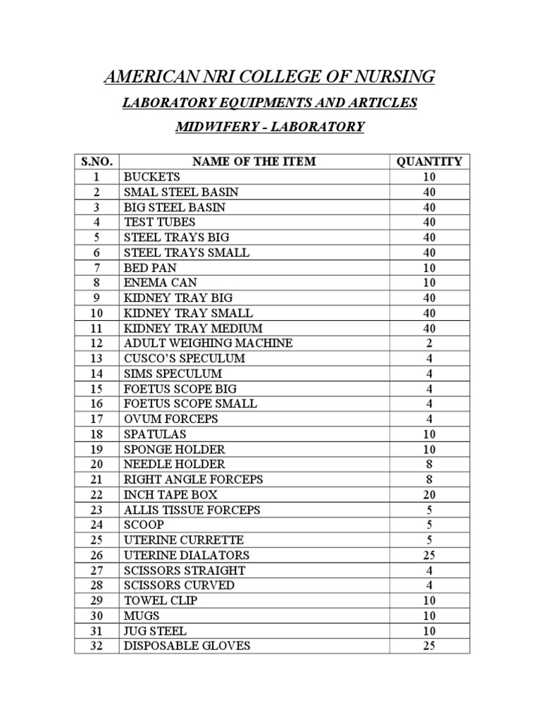 Midwifery Lab Equipment List | PDF