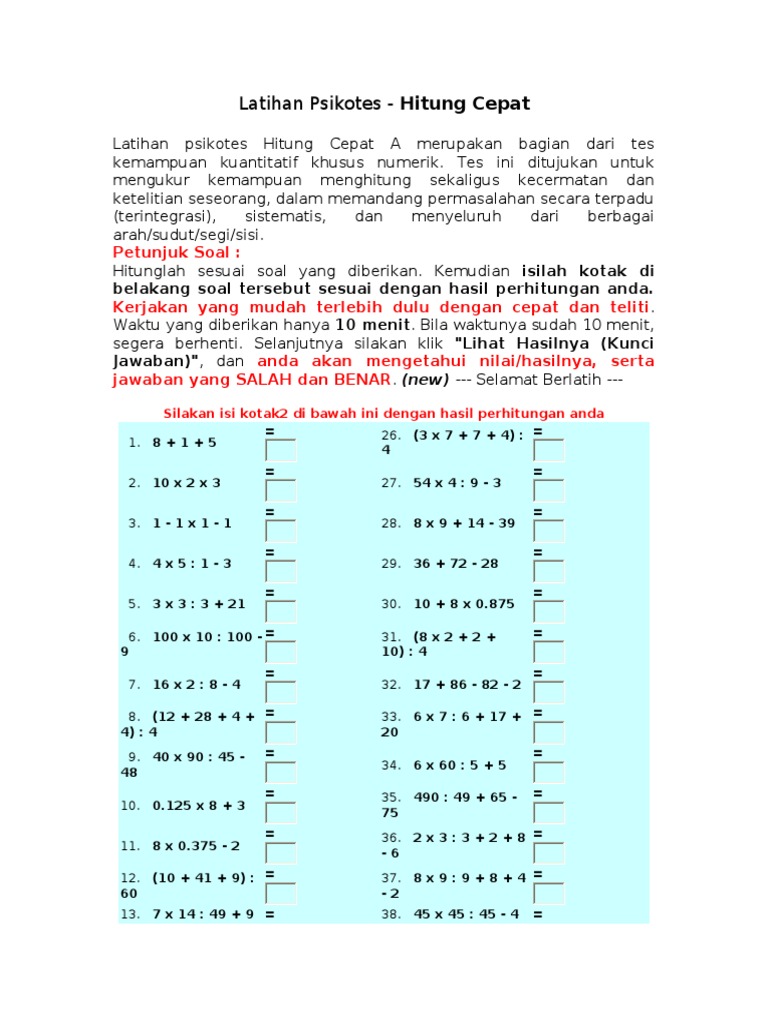 Latihan Psikotes Hitung Cepat