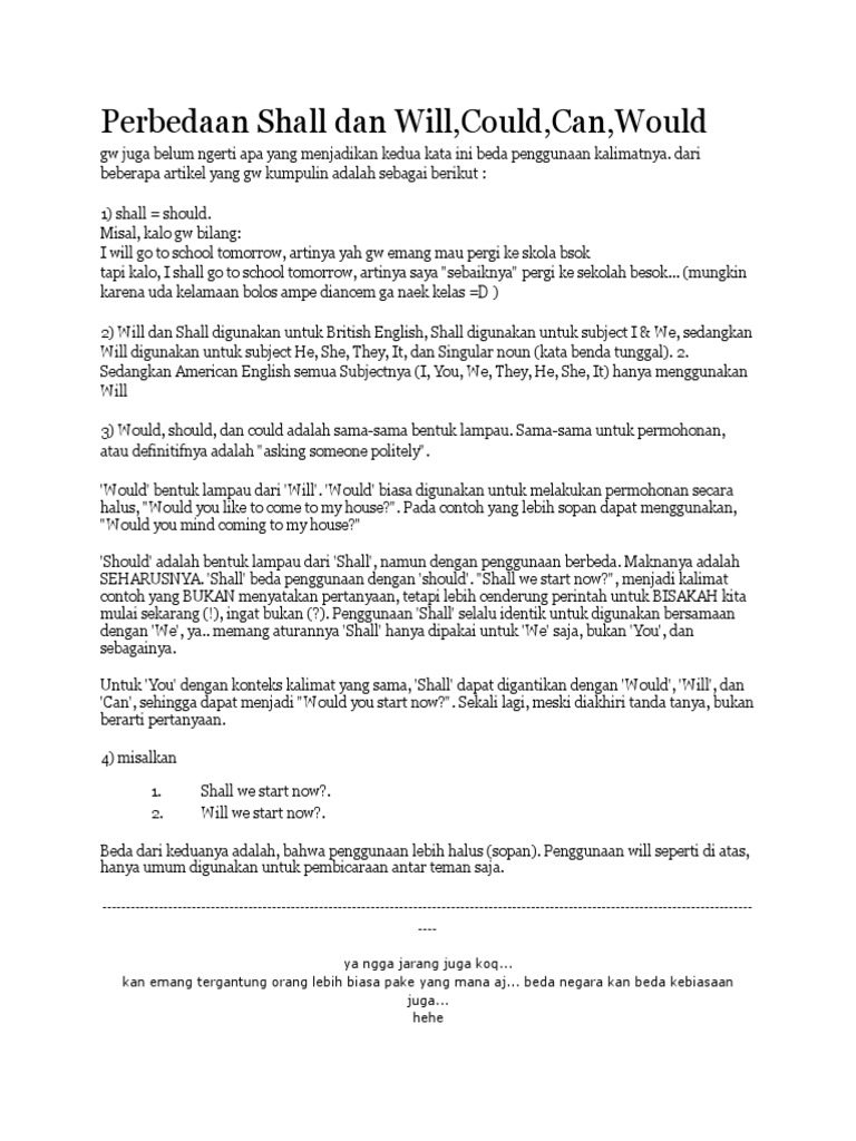 Perbedaan Shall Dan Will, Could, Can, Would PDF