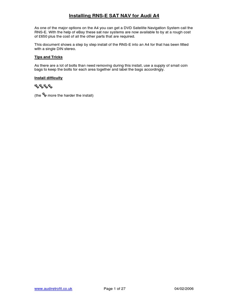 RNS-E SAT NAV Installation Guide for Audi A4 | PDF | Electrical ...
