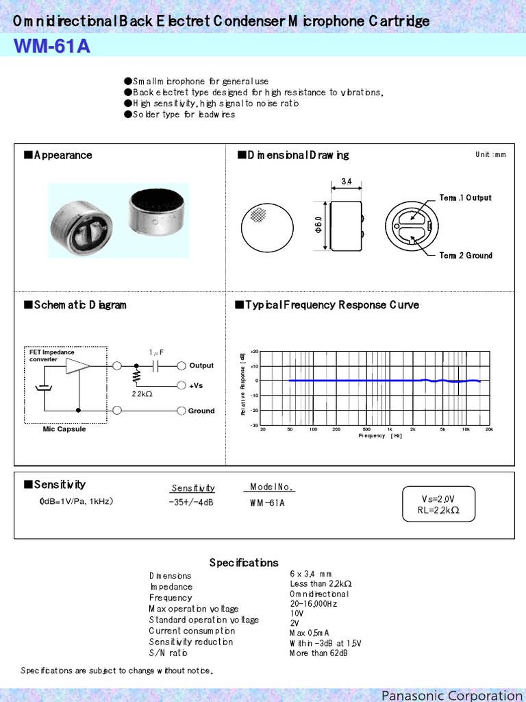 Panasonic WM-61A Microphone Datasheet | PDF