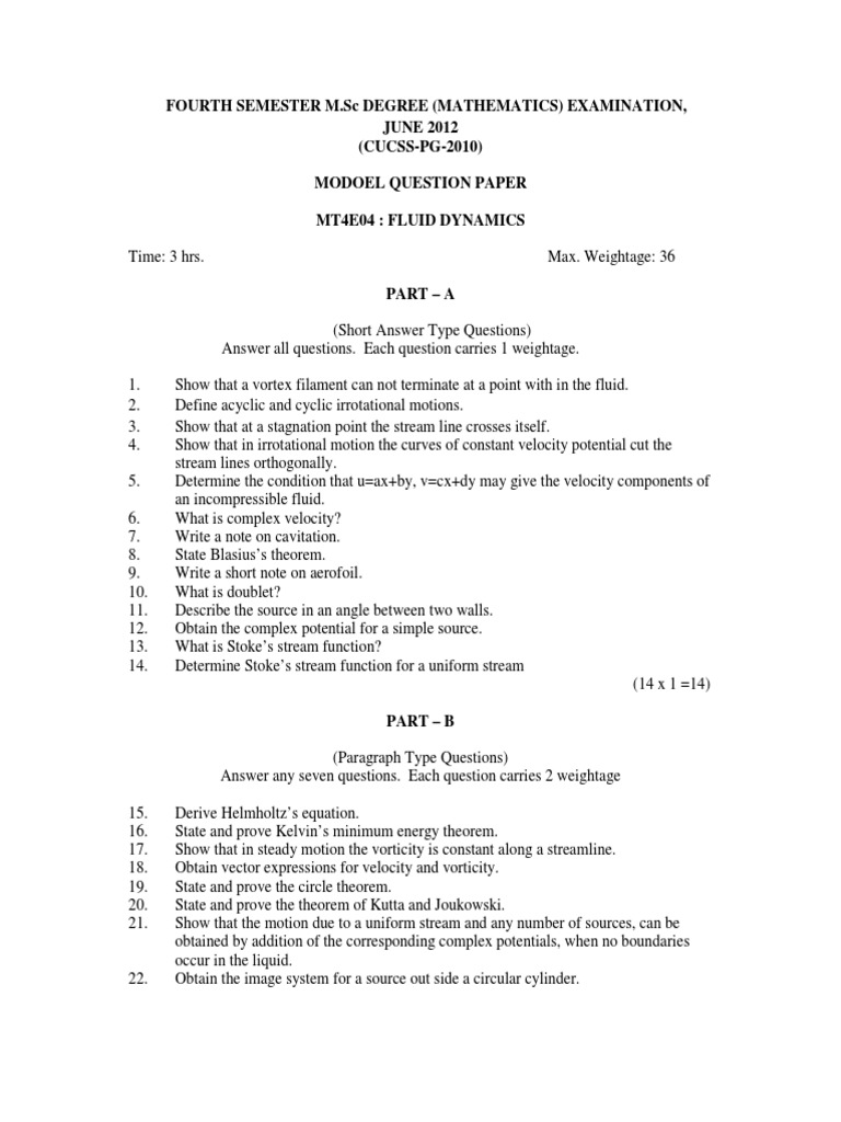 Fluid Dynamics question paper Mechanical Engineering Geometry
