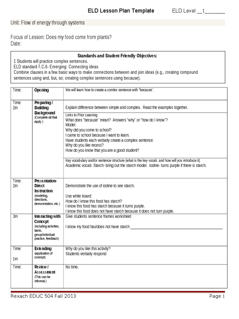 ELD Lesson Plan: Complex Sentences | PDF