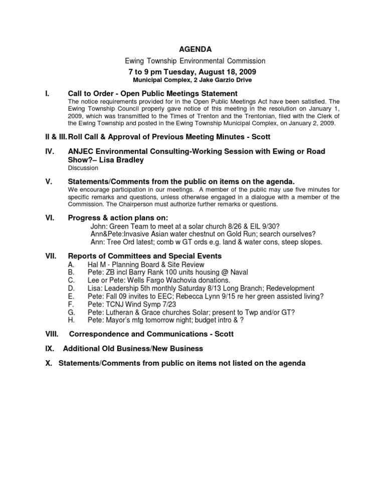Ewing Township Environmental Meeting Agenda | PDF | Law