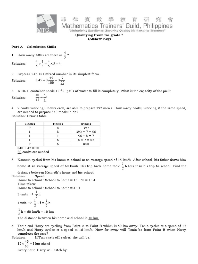 Qualifying Exam for grade 7 (Answer Key) Part A Calculation Skills