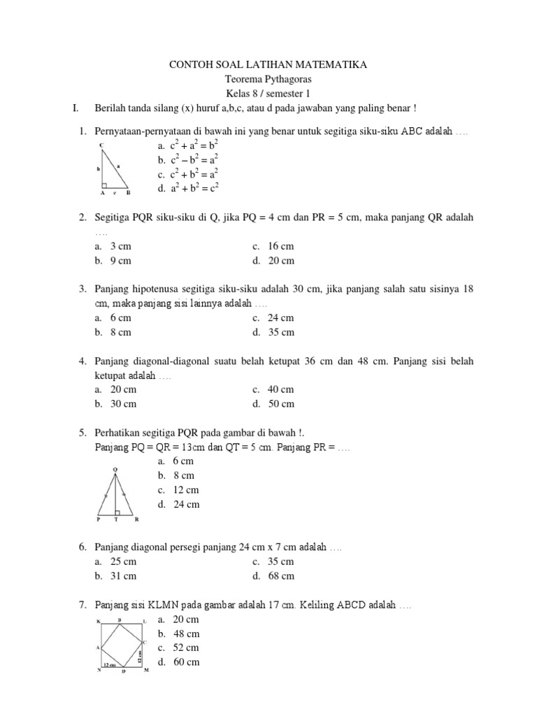 5 Contoh Soal Latihan Matematika Teorema Pythagoras Kelas 8 Smp