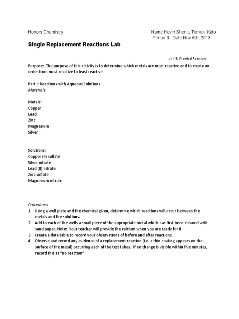 Single Replacement Reactions Lab Guide | PDF | Lead | Silver