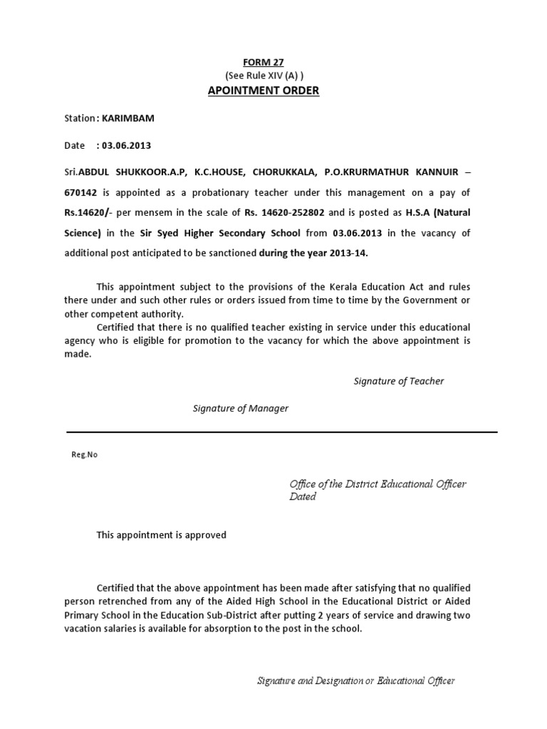 Appointment Order for H.S.A Teacher | PDF