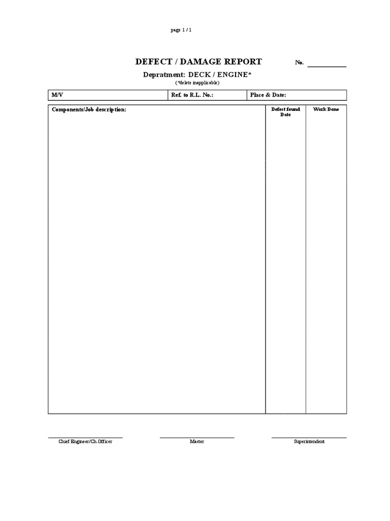 Defect / Damage Report: Depratment: DECK / ENGINE | PDF