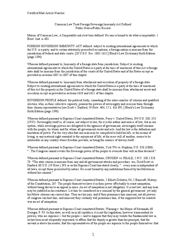 Common Law Trust Foreign Sovereign Immunity Act Defined Public Notice ...