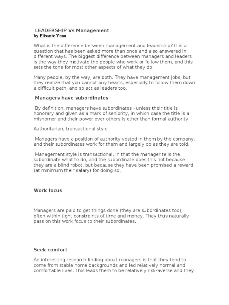 Leadership vs Management Explained | PDF | Psychological Concepts ...