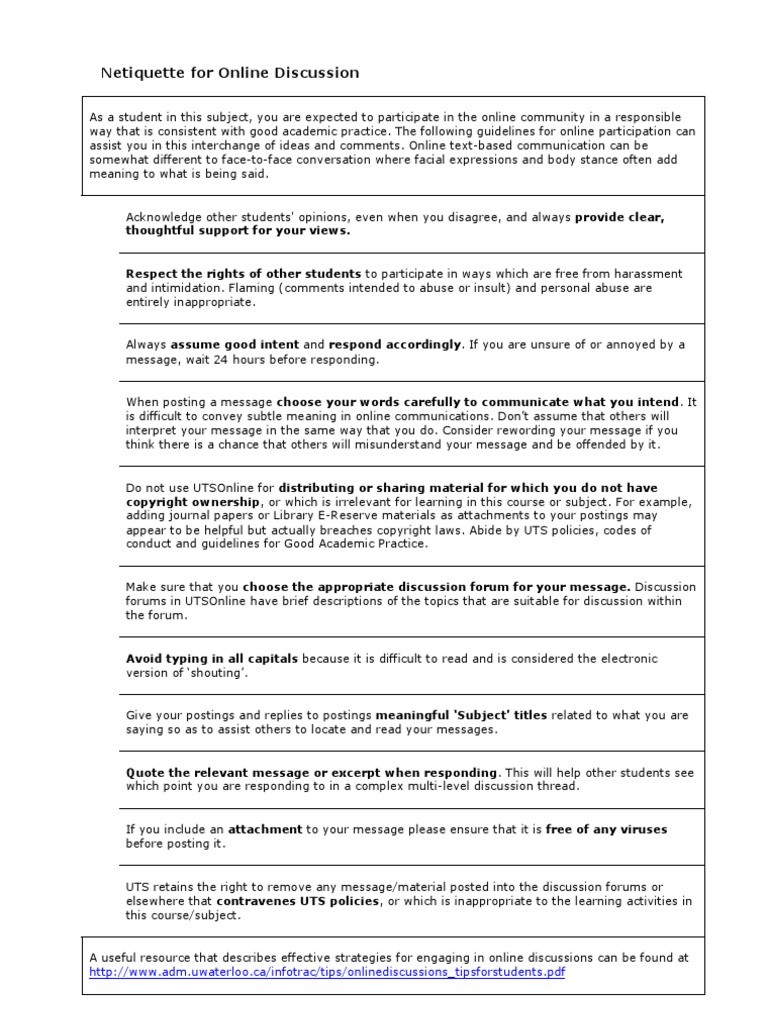 Netiquette For Online Discussion | PDF | Internet Forum | Conversation