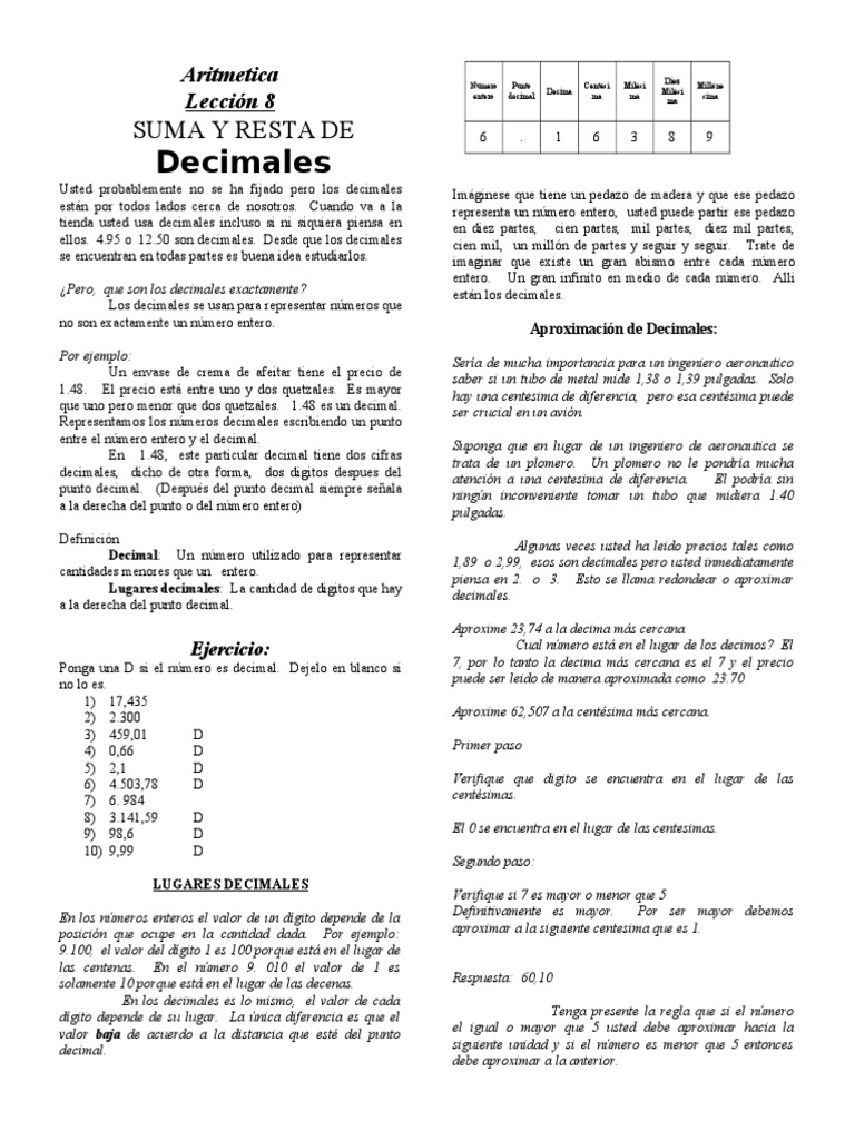 Leccion 8 Suma y Resta de Decimales Ps Aritmetica | Decimal | Entero