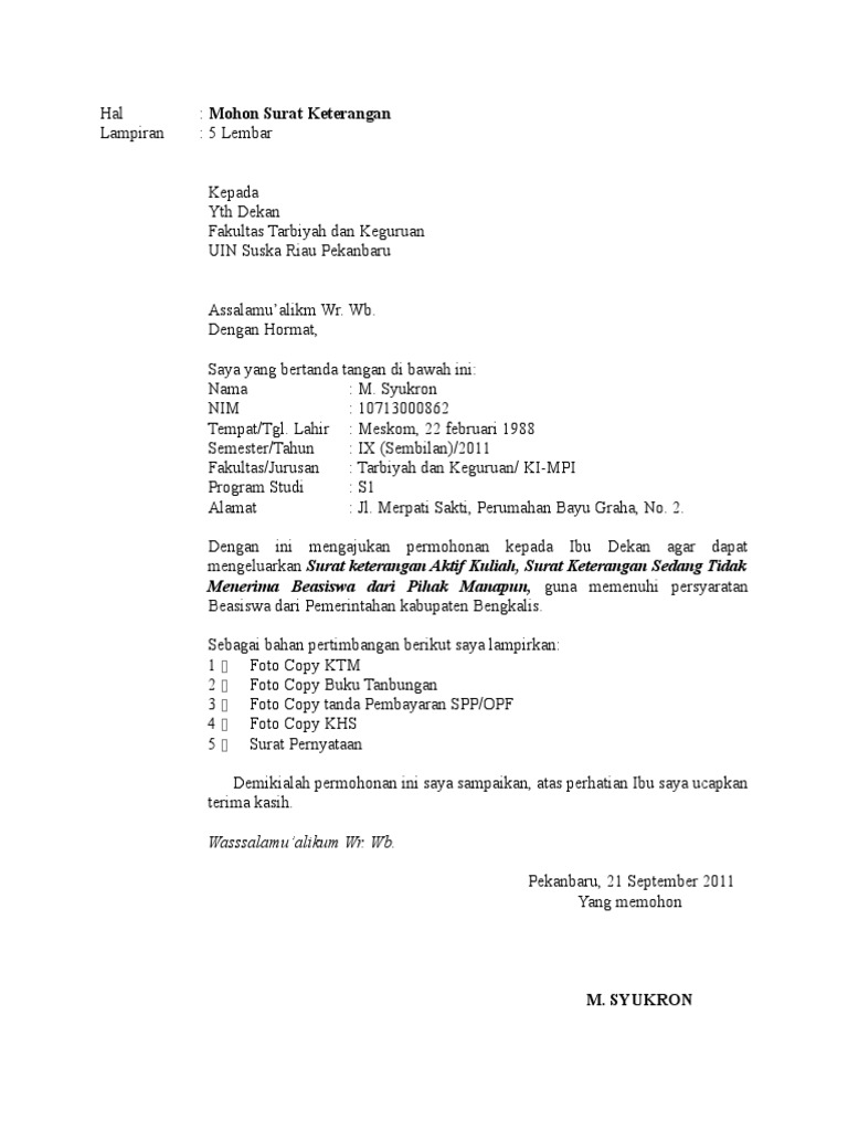 Contoh Surat Permohonan Untuk Membuat Surat Aktif Kuliah