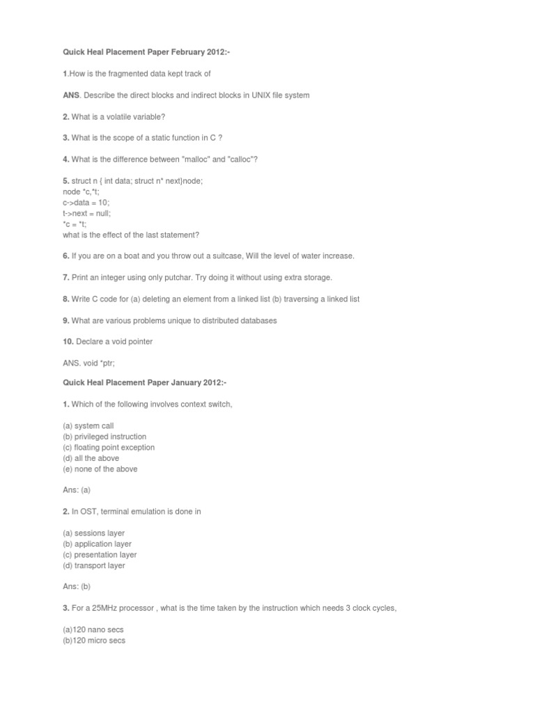 Quick Heal Placement Paper February 2012 | PDF | C (Programming ...