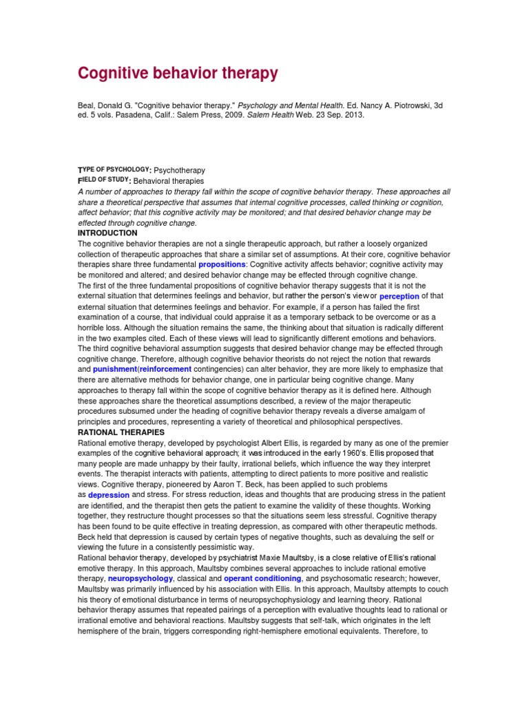 Overview of Cognitive Behavior Therapy | PDF | Cognitive Behavioral ...