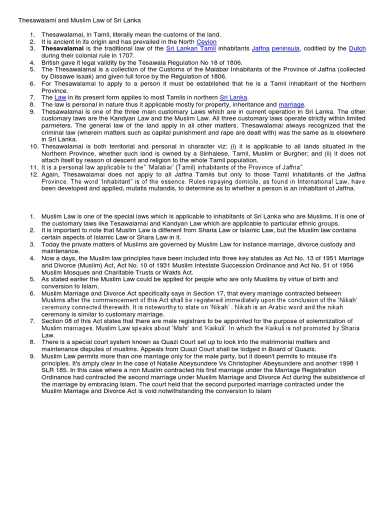 An Overview of the Thesawalamai Customary Law and Muslim Law in Sri Lanka PDF Sri Lanka Sharia