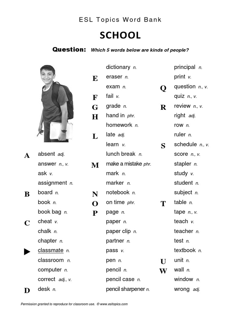 22 Esl Topics Word Bank School | PDF | Classroom | Homework