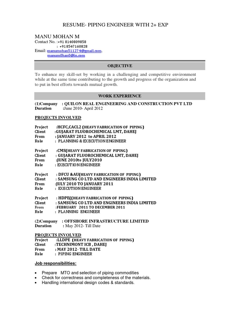 Piping Stress Engineer Resume Sample June 2021