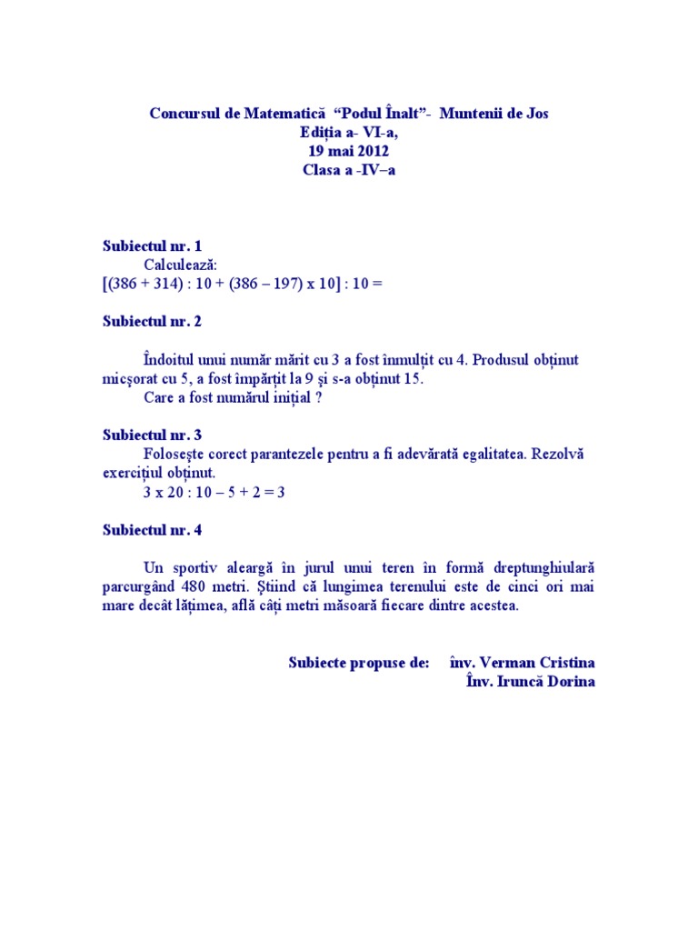 Concurs Matematica Clasa A Iv A
