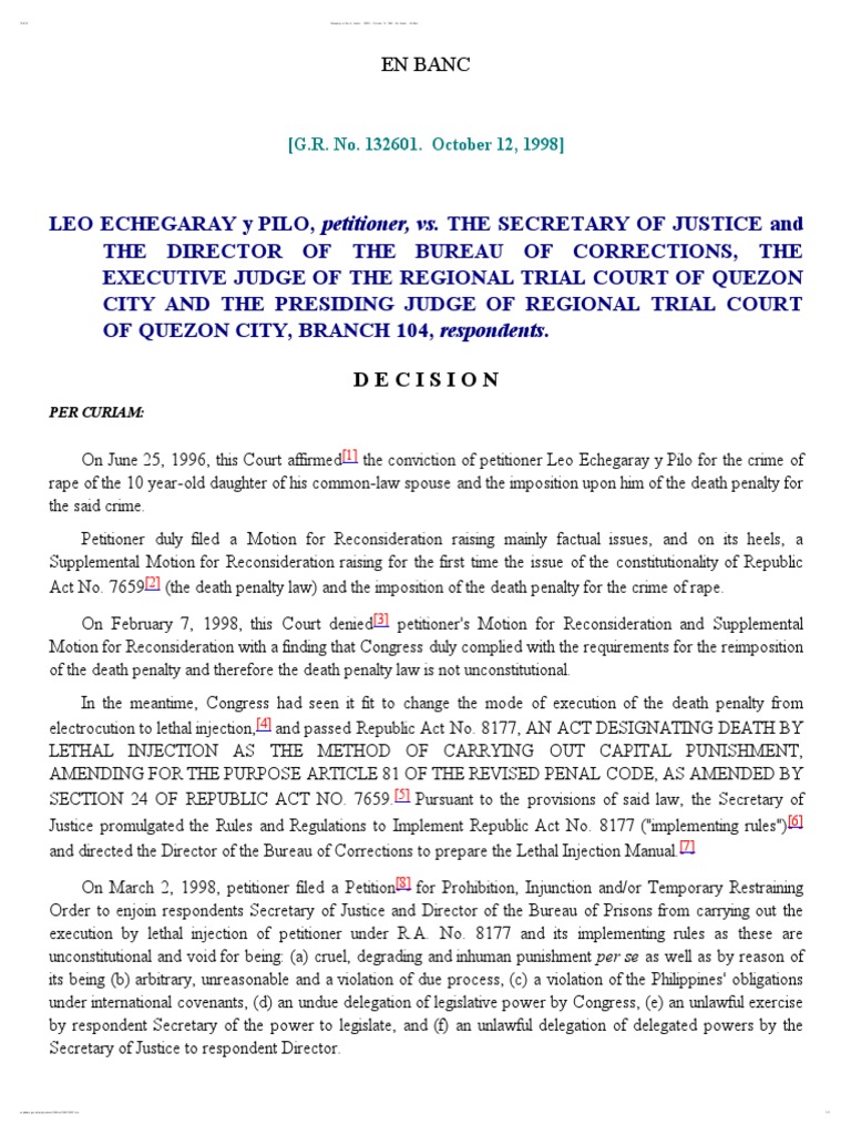 Echegaray Vs Sec of Justice - 132601 - October 12, 1998 - Per Curiam ...