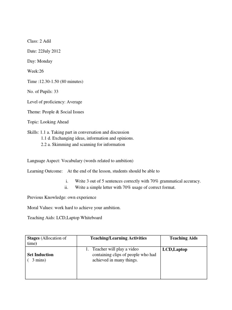 Stages (Allocation of Teaching/Learning Activities Teaching Aids LCD ...
