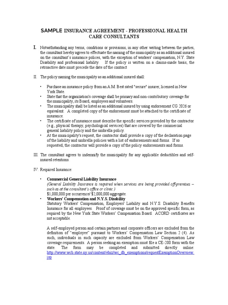 Sample Insurance Agreement Professional Health Care Consultants PDF