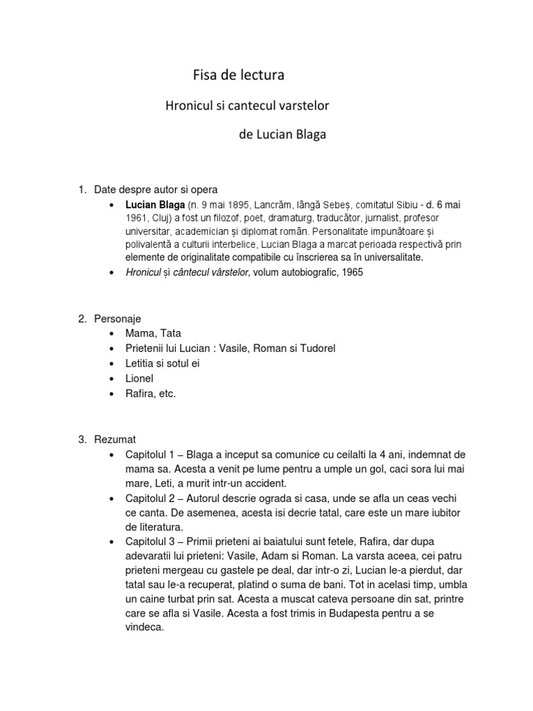 Hronicul Si Cantecul Varstelor Rezumat