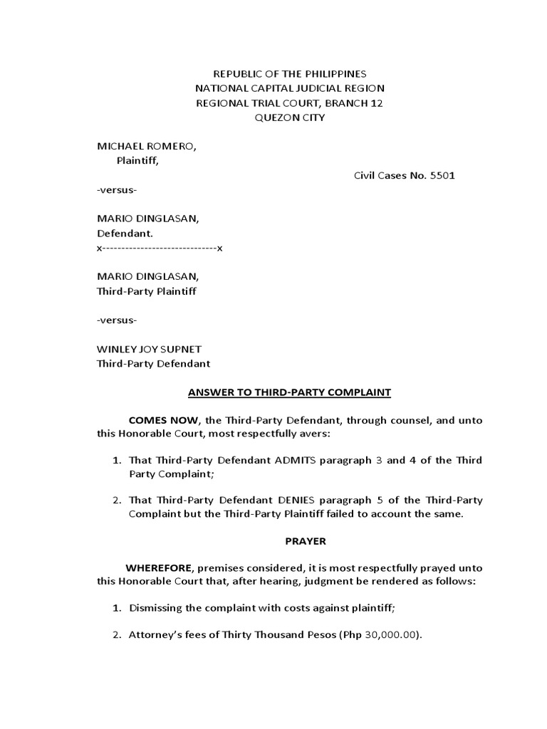 Answer to third party complaint comes now the third party defendant