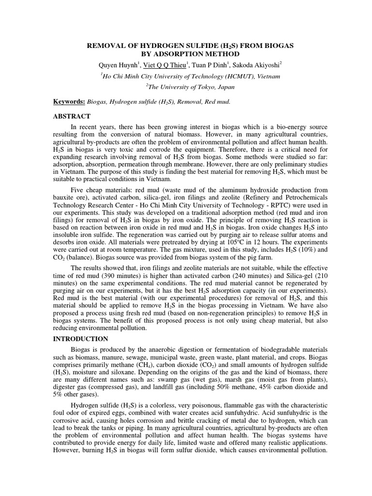 H2S Removal from Biogas Using Red Mud | PDF | Natural Gas | Biogas