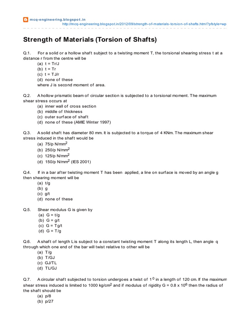 Mcq Engineering Blogspot In Strength Of Materials Torsion Of Shafts2 Torque Building Engineering