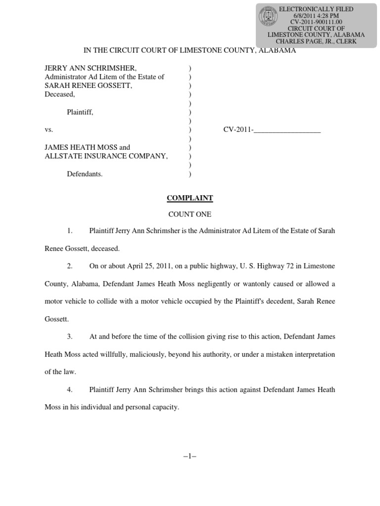 Complaint in Lawsuit Against James Moss PDF Virginia Circuit Court