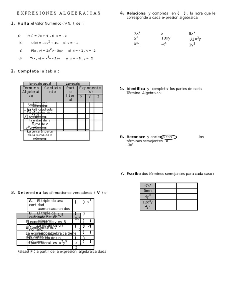 Ejercicios de Expresiones Algebraicas | PDF | Álgebra | Enseñanza de ...
