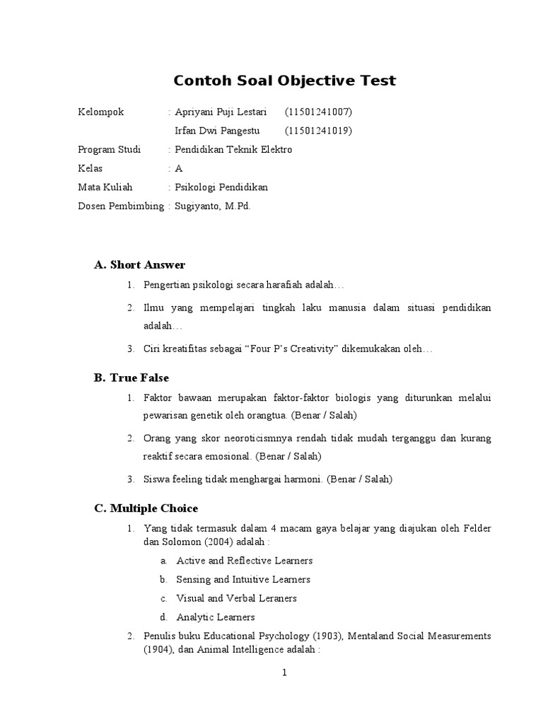 Contoh Soal Objective Test