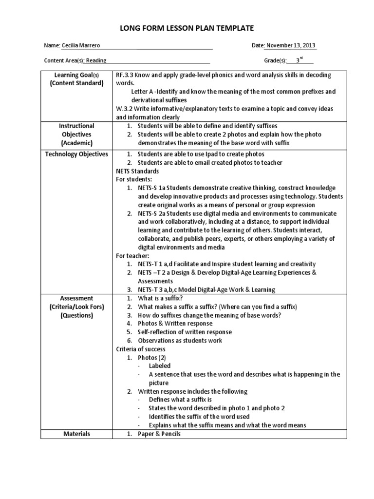 suffix lesson plan | Lesson Plan | Educational Psychology