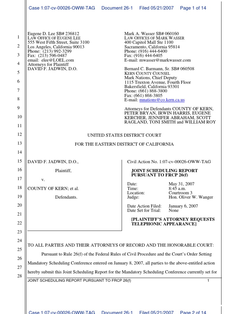 26 Joint Scheduling Report PDF Federal Rules Of Civil Procedure