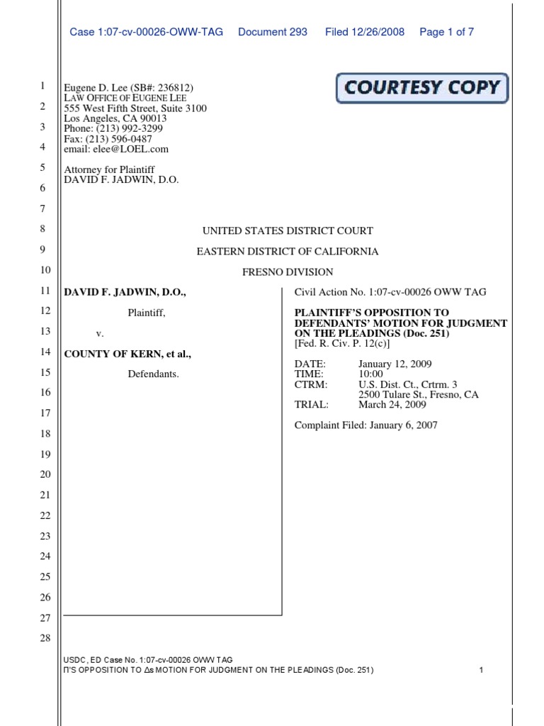Opposition to Judgment on Pleadings | PDF | Pleading | Complaint