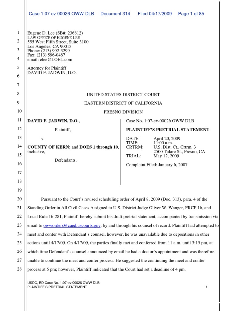 314 Plaintiffs Pretrial Statement PDF Federal Rules Of Civil