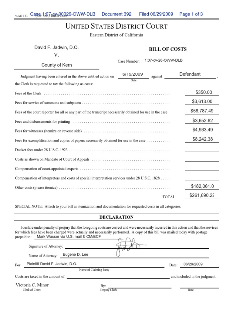 392 P Bill of Costs Federal Rules Of Civil Procedure Judgment (Law)