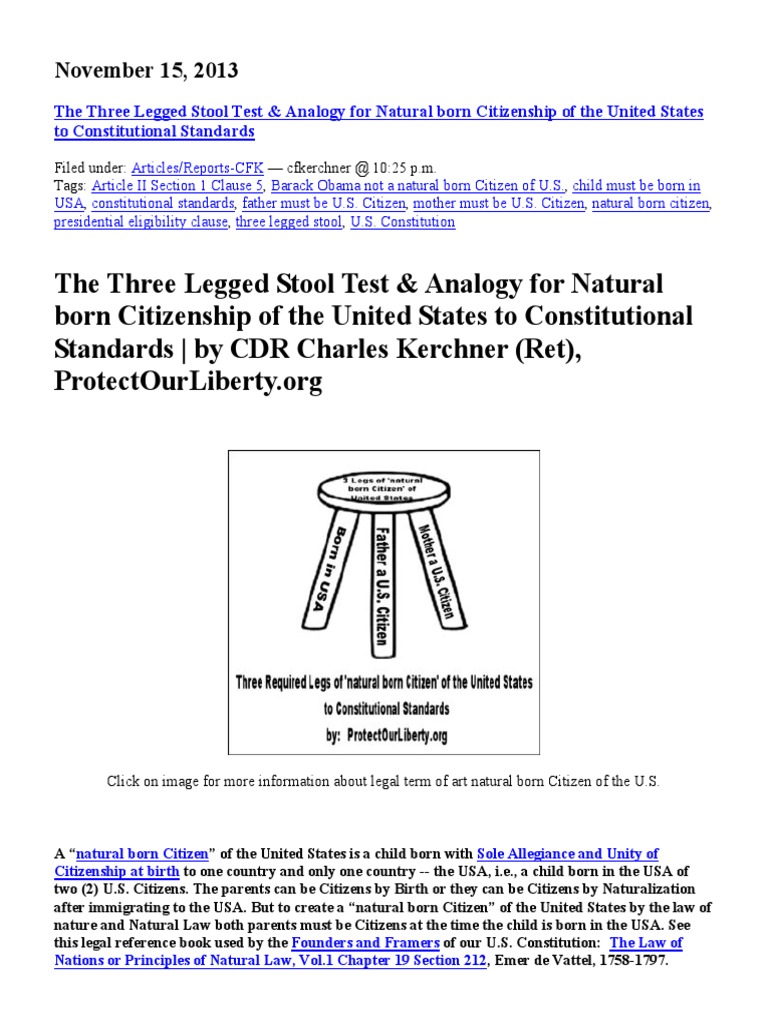 Three Legged Stool Test for Natural Born Citizen to Constitutional