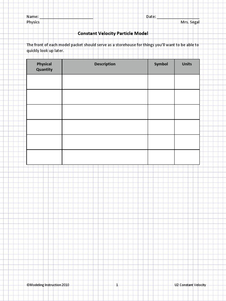 Constant Velocity Particle Model Packet PDF Velocity Speed