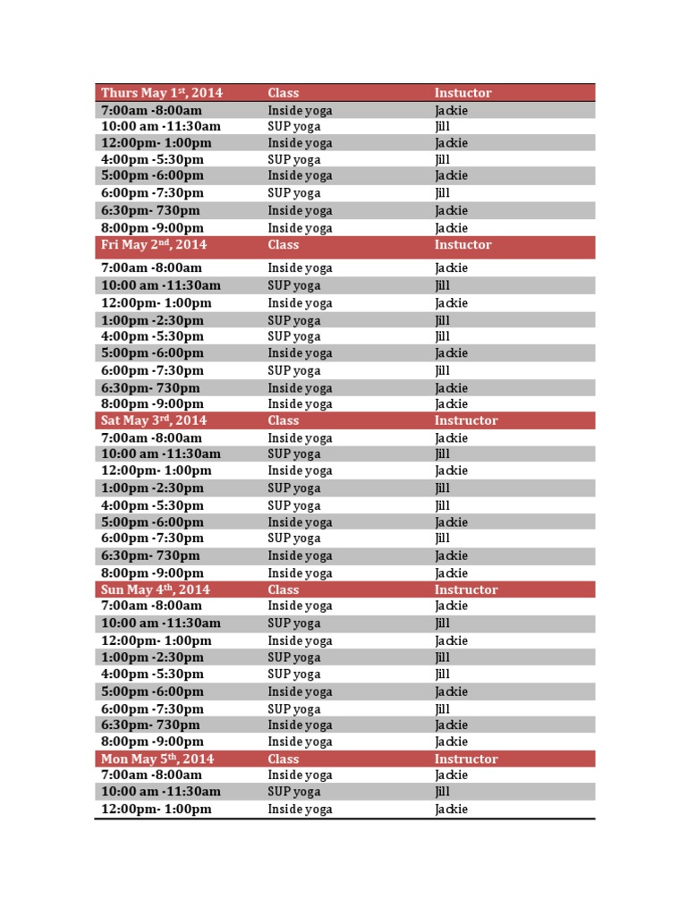 Weekly Yoga Class Schedule May 2014 | PDF