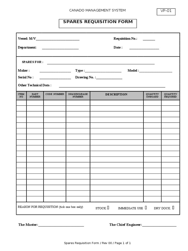 Spares Requisition Form VP-01 | PDF