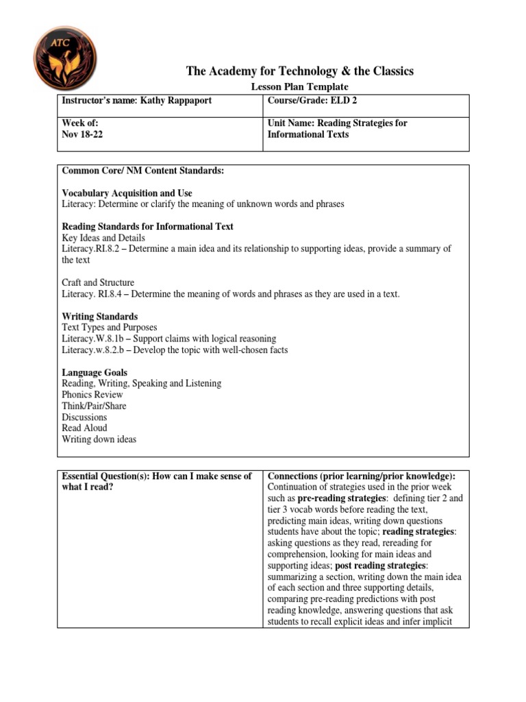 ELD 2 Lesson Plan: Reading Strategies | PDF | Reading (Process ...