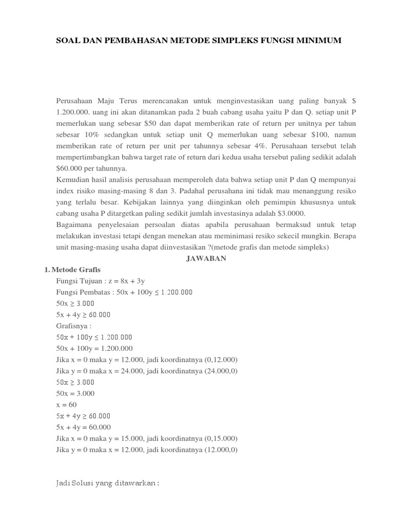 Soal Dan Pembahasan Metode Simpleks Fungsi Minimum PDF