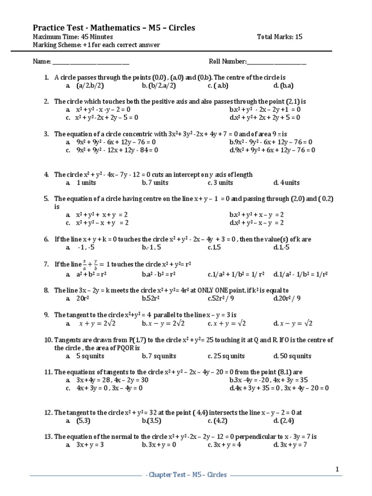 Coordinate Geometry Circles Practice Test Pdf Circle Tangent