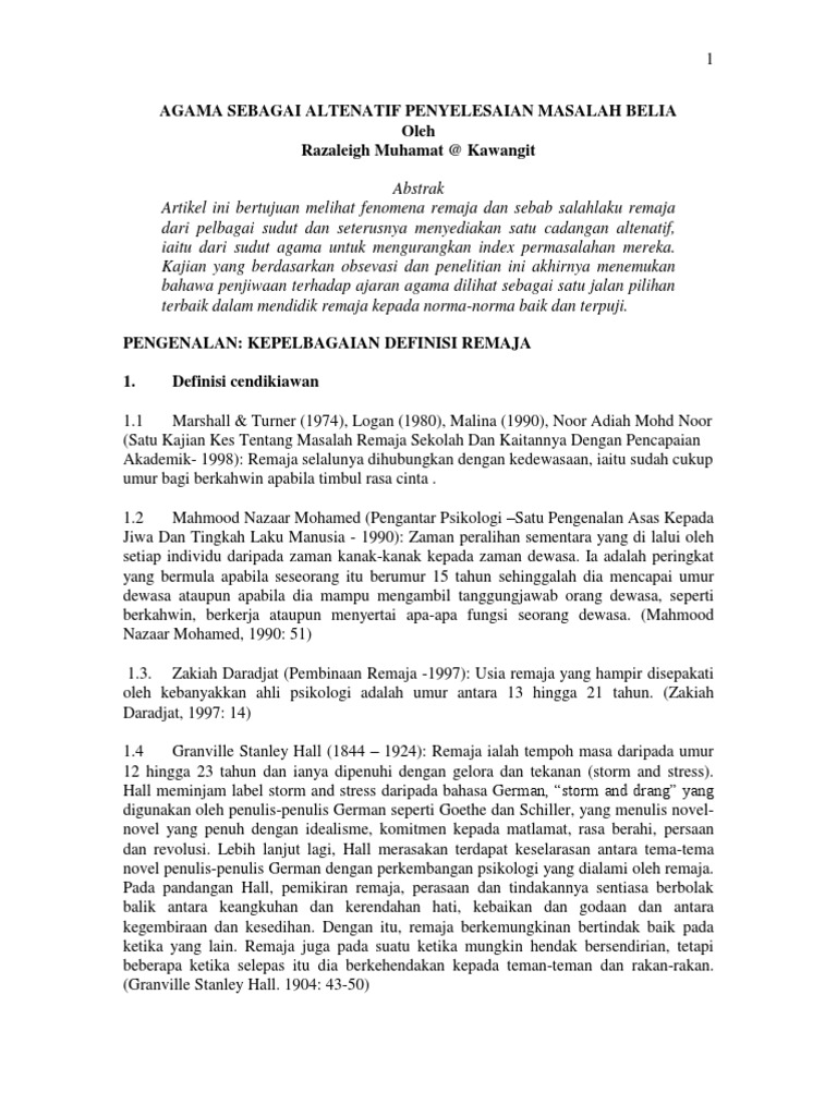 Agama Sebagai Altenatif Penyelesaian Masalah Belia Pdf